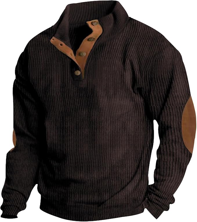 Men's Casual Corduroy Sweatshirt Long Sleeve Elbow Patches Pullover Fashion Stand Collar Quarter Button Sweatshirts