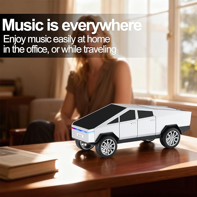 Futuristic Pickup Truck Replica Bluetooth Speaker with LED Display Screen – TWS Stereo, FM, USB/TF Playback, LED Lights, Built-in Mic, Gift for Car Lovers & Tech Fans (Silver)