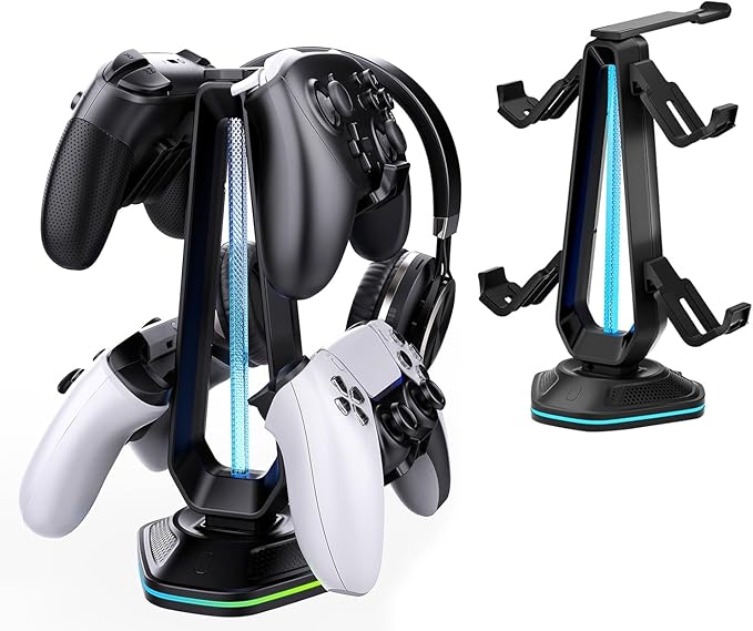 RGB Headset Stand with 9 Light Modes and 2 USB Charging Ports - Controller Holder for Desk - Headphone Stand & Detachable Controller Hook for PC Earphone Gaming Room Setup Accessories