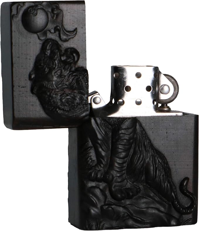 Natural Ebony Black Wood Carved Lighter Shell Box For Zippo Module (Hilltop Tiger)