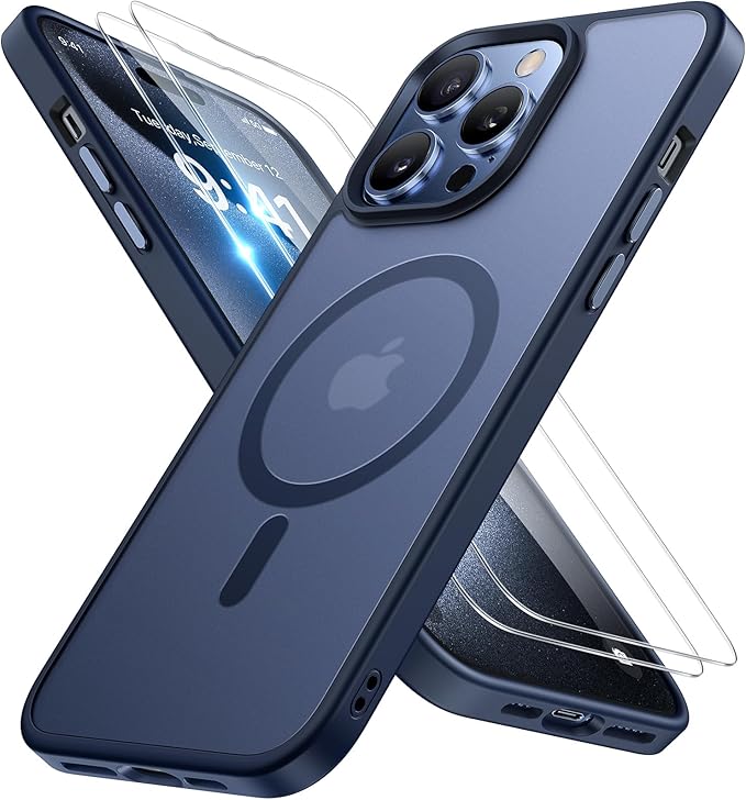 Miracase Magnetic for iPhone 13 Pro Case 6.1 inch (Compatible with MagSafe)（with 2X Screen Protectors） Military-Grade Protection, Anti-Fingerprint Translucent Matte Phone Case Cover, Dark Blue
