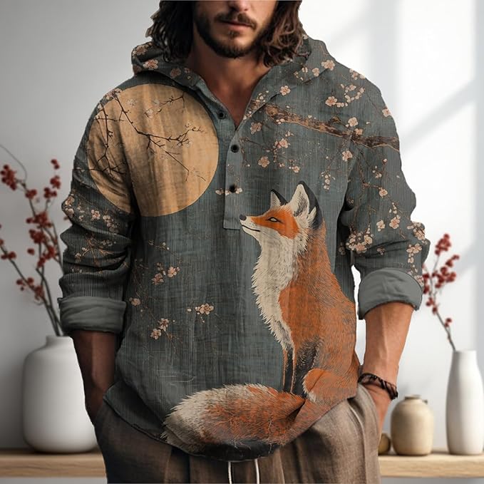 MARSVOVO Mens Japanese Art Long Sleeve Hooded Shirts Lightweight Quarter Button Hoodie Casual Cool Tops for Spring Fall