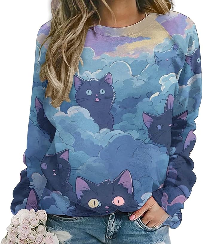 Long Sleeve Shirt Women Fall Cat Print Funny Hide Belly Vacation Plus Size Ladies Hippie Dressy Sweaters