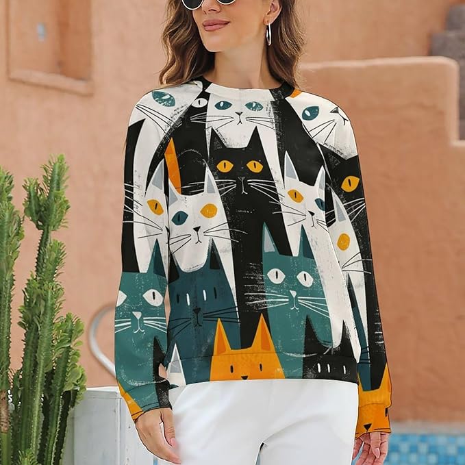 Fall Sweaters for Women 2024 Cat Print Long Sleeve Casual Crewneck Warm Fall Pullover Comfy Fashion Sweatshirts