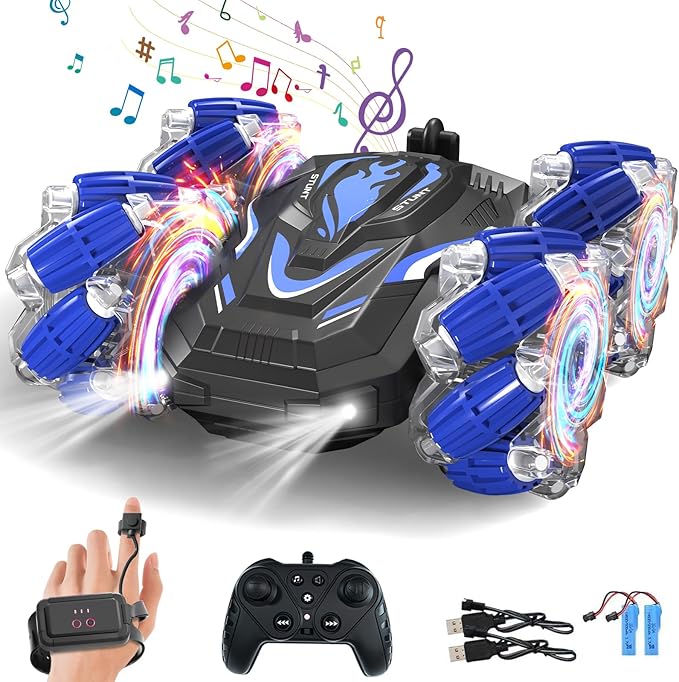 New Gesture Sensing RC Stunt Car with Lights Music, Hand Gesture Remote Control Car 360° Spins Double Side Controlled RC Car Birthday Gifts Toys for 6-12 Years Old Boys
