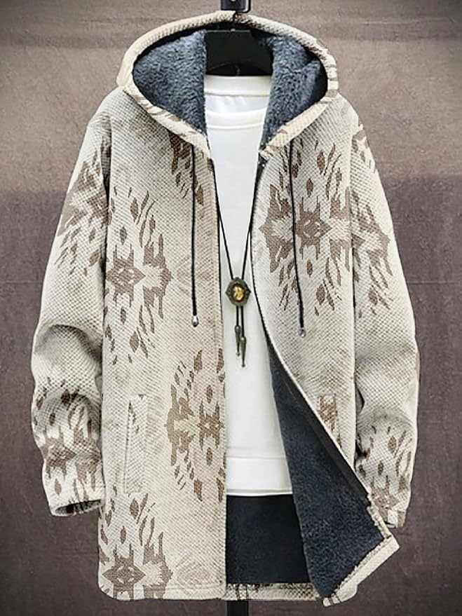 2025 Men's Ethnic Pattern Hooded Jacket Long Cardigan Hoodies Full Zip Vintage Knitted Zipper Coat with Pocket