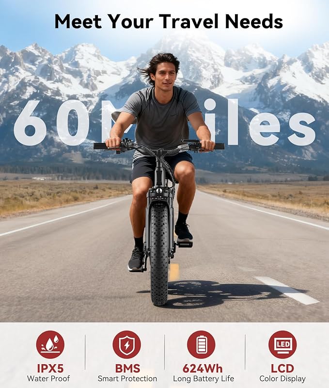 OTD Electric Bike, 1200W Peak Motor, 28 MPH Max Speed & 80 Miles with 624Wh Removable Battery, Ebike for Adults, Hydraulic Brakes, Front Suspension, 26'' x 4'' Fat Tire Bicycles