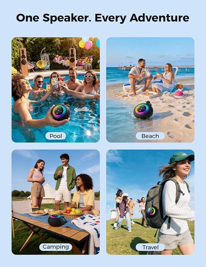 Shower Speaker Bluetooth Waterproof Portable: 360° Surround Sound, IPX7 Suction Cup Removable with Vacuum Exhaust Knob, 2 IN1, RGB Lights, BT5.4, TWS, Pool/Beach/Kayak, Gifts for Adults Teens-Black