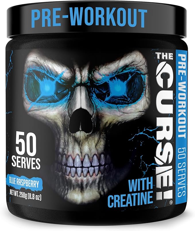 JNX SPORTS The Curse! Pre Workout Powder for Men & Women, Caffeine, Beta-Alanine, Creatine, L-Citrulline, 50 Servings, Blue Raspberry Flavor – Boost Energy, Strength & Focus
