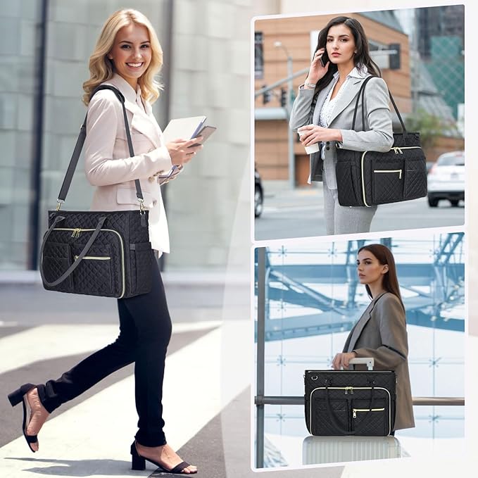 RAINSMORE Teacher Tote Bag 15.6 inch Laptop Bag for Women Work Bags Laptop Tote Nurse Bag Professional Computer Messenger with Insulated Pocket, Laptop Briefcase for Office, College, Nursing, Black
