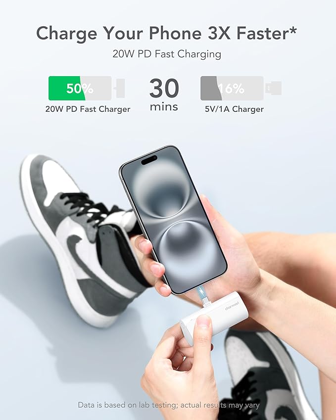 charmast Portable Charger USB C for iPhone 17/16/15, 5000mAh Fast Charging Battery Pack with Built-in Type-C Connector, 20W Mini Power Bank for iPhone 17/16/15 Series, Samsung S22/23 Series, and More