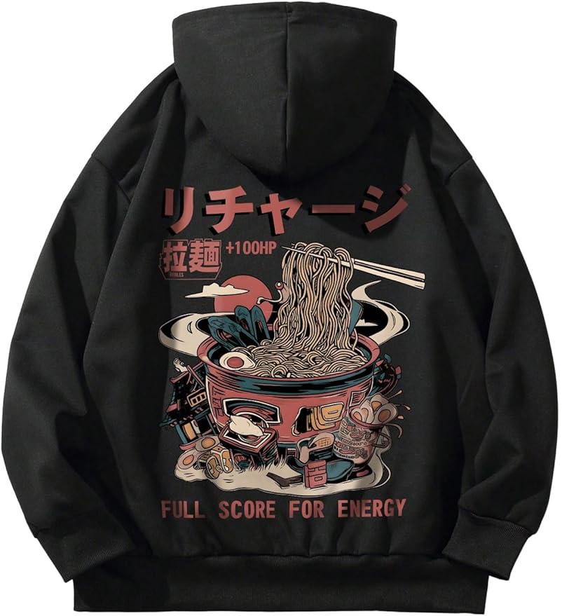 GORGLITTER Men's Graphic Hoodies Japanese Hoodie Top Oversized Long Sleeve Anime Pullovers Sweatshirts