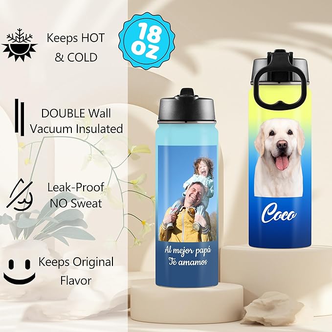 Personalized Photo Water Bottles, 18oz/32oz Custom Pictures Text Stainless Steel Insulated Sport Water Bottle with Straw Lid & Handle, Customized Cup Gifts for Men Women Birthday Anniversary Christmas