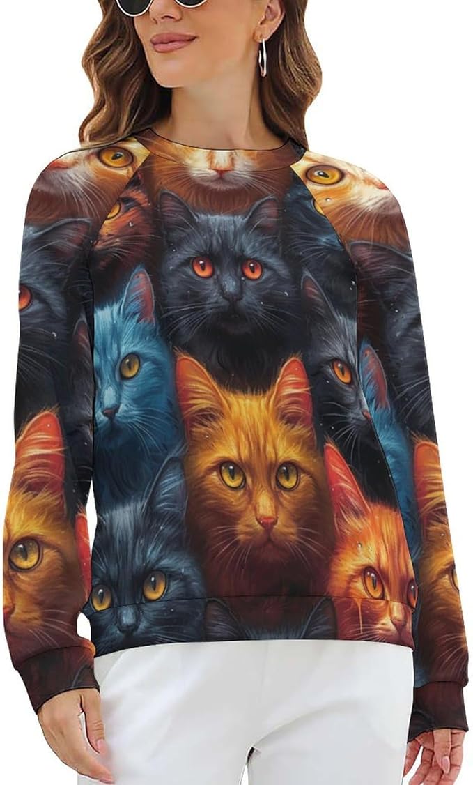 Long Sleeve Shirt Women Fall Cat Print Funny Hide Belly Vacation Plus Size Ladies Hippie Dressy Sweaters