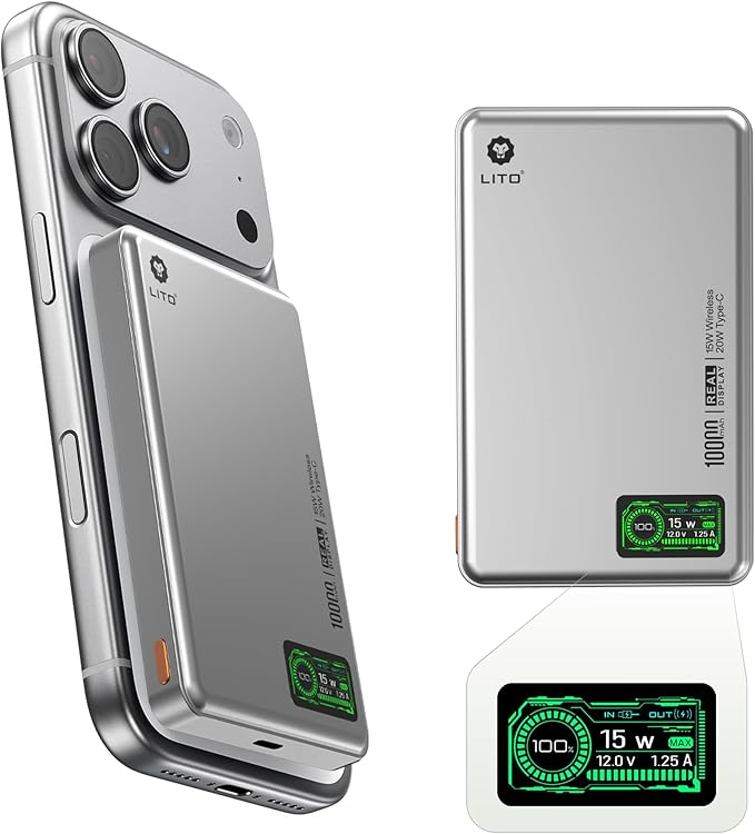 LITO 10000mAh Ultra-Slim 0.5" Magnetic Power Bank, MagSafe Compatible Wireless Battery Pack with LED Display,Fast Charging Travel Essential Portable Charger for iPhone 17 Pro Max Air 16 15 14 13 12