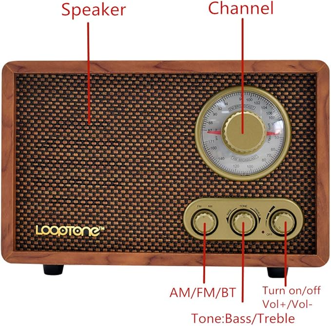 LoopTone AM FM Classic Retro Radio with Bluetooth Speaker,Vintage Wood Table Radio with Treble Bass Control for Kitchen Living Room with Rotary Knob Brown