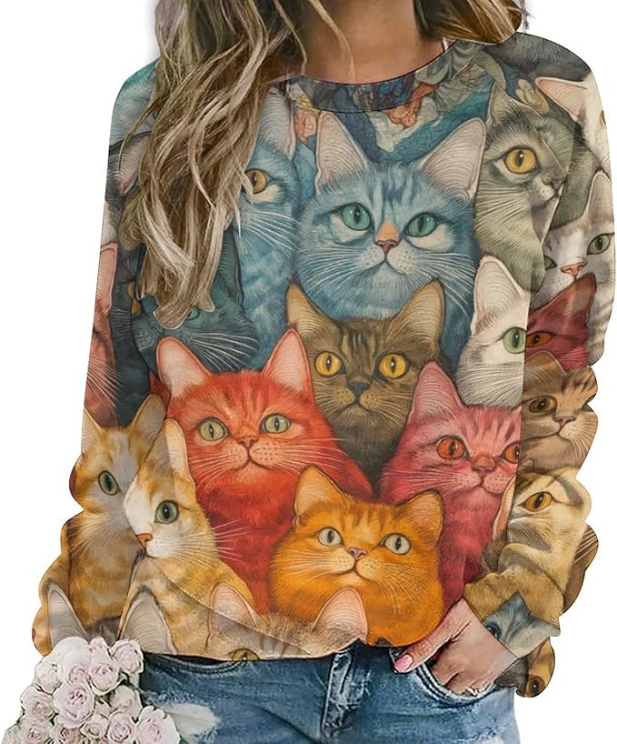 Fall Sweaters for Women 2024 Cat Print Long Sleeve Casual Crewneck Warm Fall Pullover Comfy Fashion Sweatshirts