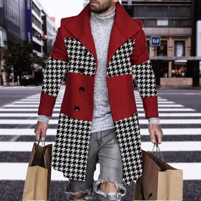 Men's Plaid Long Trench Coat Mid - Length Lapel Collar Button Down Warm Overcoat for Winter & Autumn Fashion