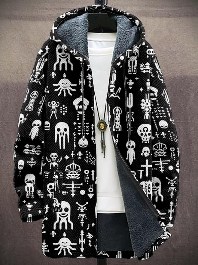 2025 Men's Ethnic Pattern Hooded Jacket Long Cardigan Hoodies Full Zip Vintage Knitted Zipper Coat with Pocket