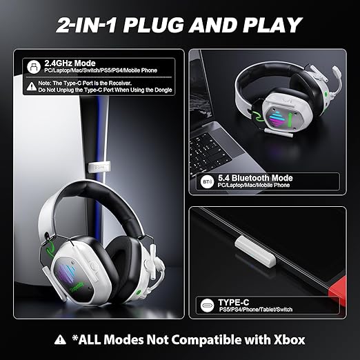 Wireless Gaming Headset for PC, PS5, PS4, Switch, Mac, Mobile Phone, USB&Type-C 2.4GHz Gaming Headphones with ENC Noise Cancelling Mic, 50mm Drivers, 3D Surround Sound, Cool RGB Light, 50H GameTime