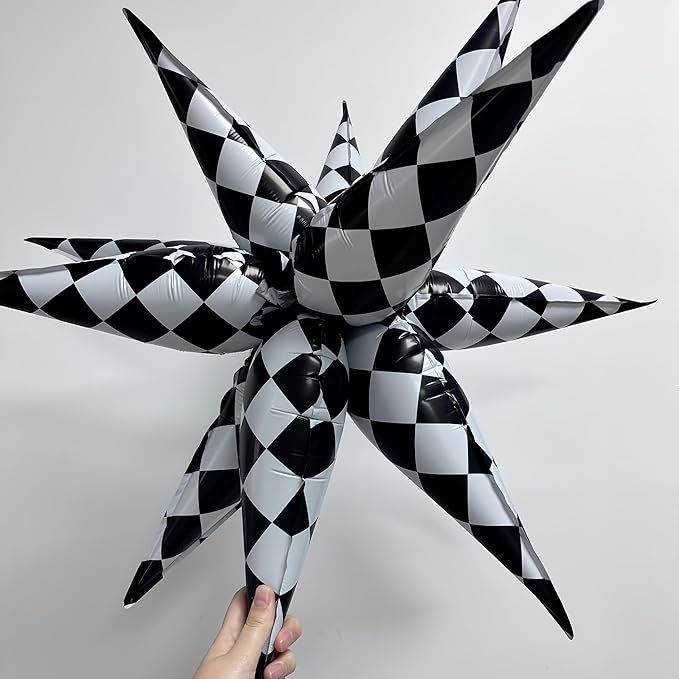2 * 12 Pcs Black White Checkered Explosion Pointed Star Foil Balloons/Talladega Nights Racing Balloons/Race Car Birthday Supplies/Las Vegas Casino Party/Father's Day Boys Birthday Party (2 Pcs Black)