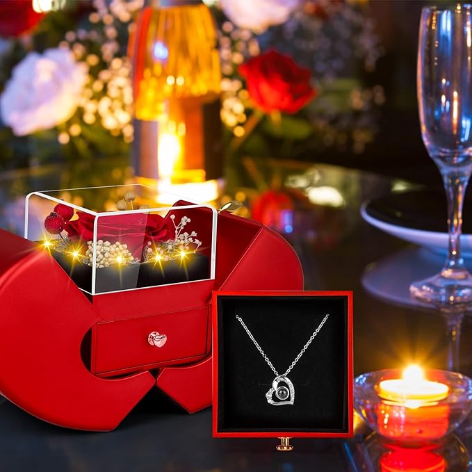 Preserved Red Real Rose with I Love You Necklace, Birthday Gifts for Women Her Mom Wife Girlfriend Grandma Christmas Anniversary Romantic-Red