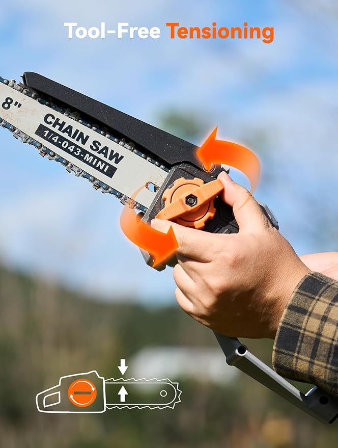 8-Inch Mini Chainsaw Cordless, Brushless Motor, 2×2000mAh Batteries, Lightweight Handheld Electric Chain Saw for Cutting Thick Branches, Tree Trimming, Wood Cutting, Easy to Use & Maintain