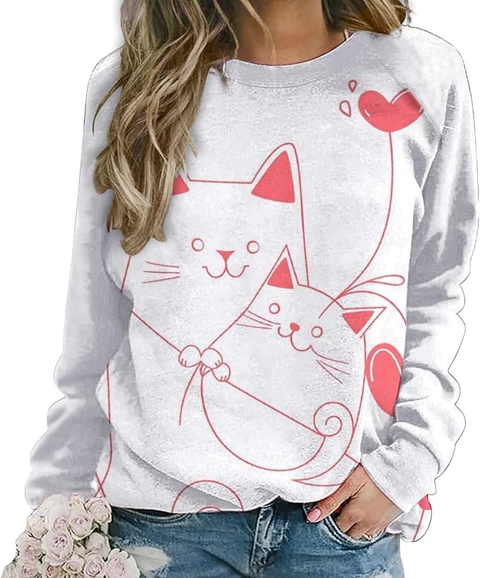 Long Sleeve Shirt Women Fall Cat Print Funny Hide Belly Vacation Plus Size Ladies Hippie Dressy Sweaters