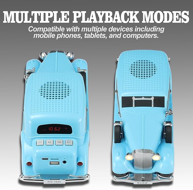Vintage Car Bluetooth Speaker, Retro Classic Model with Powerful Sound, Built-in Mic, TWS Dual Pairing, Multi-Interface Output, Portable Wireless Outdoor Speaker for Parties & Beach (Blue)