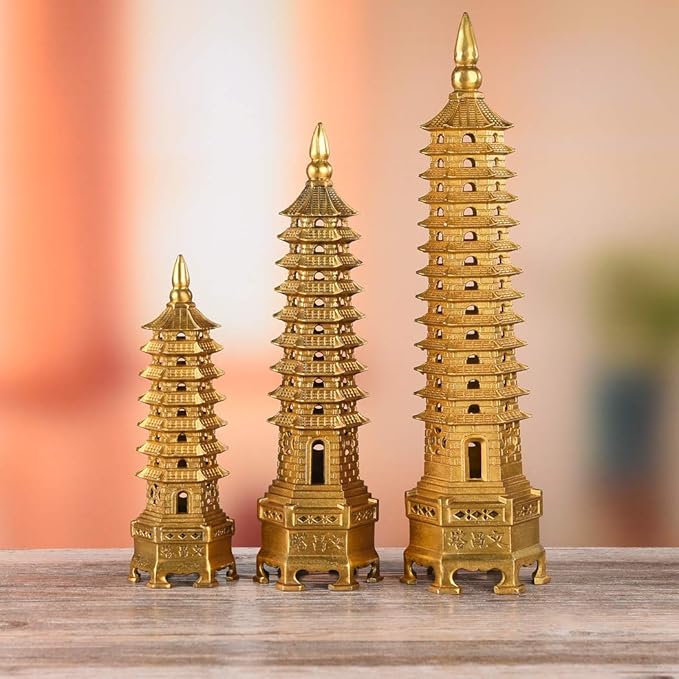 Brass Feng Shui Statue Wenchang Pagoda Layer 13 Tower 11.8” Length Sculpture Office Home Desk Decor Artifacts Attract Career Fame Academic Wisdom Education Luck TQZDPT40