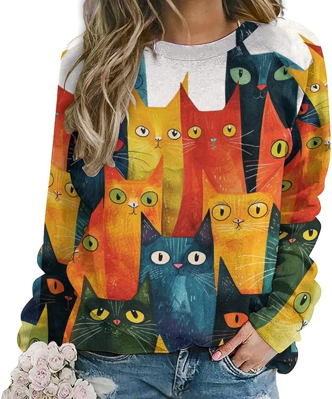 Fall Sweaters for Women 2024 Cat Print Long Sleeve Casual Crewneck Warm Fall Pullover Comfy Fashion Sweatshirts