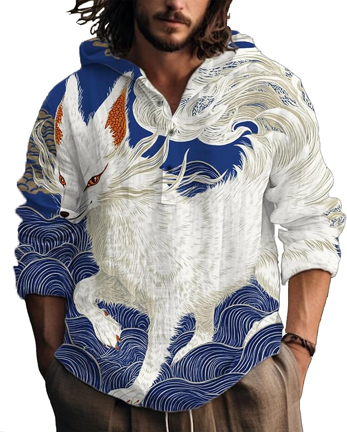 MARSVOVO Hooded Long Sleeve Shirt Men Fashion Graphic Button Up Lightweight Big and Tall Casual Vacation Shirts for Men