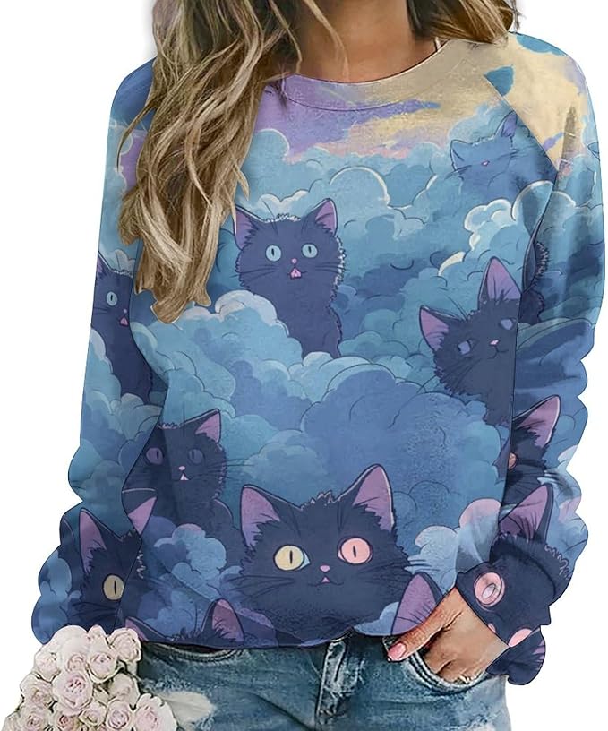 Fall Sweaters for Women 2024 Cat Print Long Sleeve Casual Crewneck Warm Fall Pullover Comfy Fashion Sweatshirts