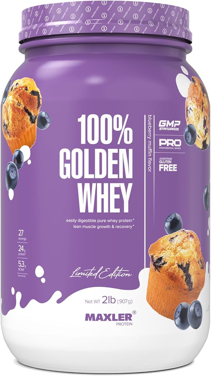 Maxler 100% Golden Whey Protein - 24g of Protein per Serving - Whey Protein Powder for Pre Post Workout - Fast-Absorbing Whey Concentrate, Isolate & Hydrolysate Blend - Blueberry Muffin 2 lb