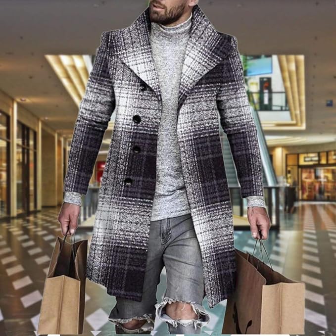 Men's Plaid Long Trench Coat Mid - Length Lapel Collar Button Down Warm Overcoat for Winter & Autumn Fashion