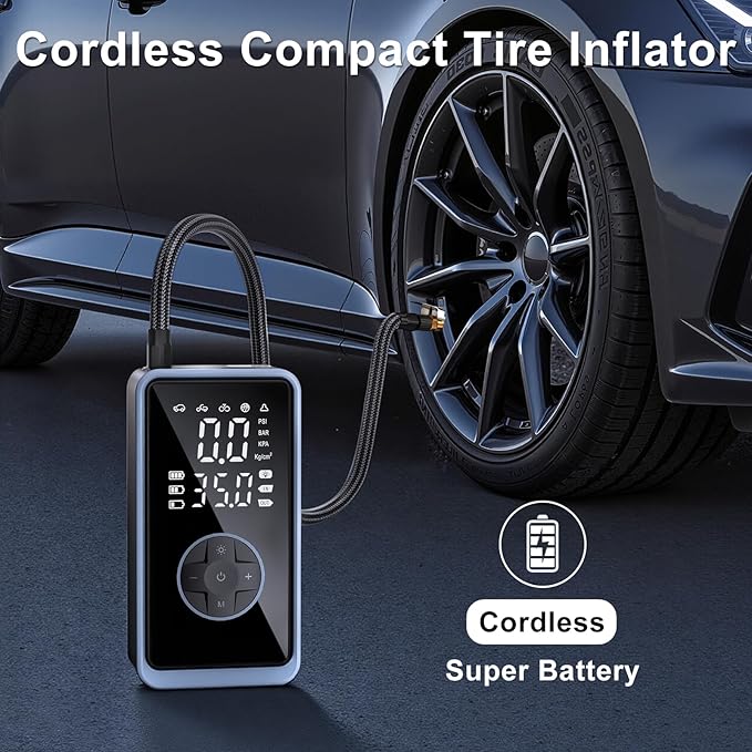 Tire Inflator Portable Air Compressor - 150PSI Cordless Air Pump for Car Tires, Portable Tire Inflator for Car, Air Compressor with Pressure Gauge/LED Light for Auto/Bike/Motorcycle/Ball (Dark Black)