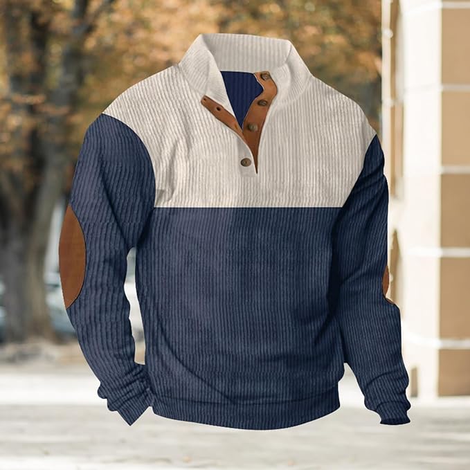 Men's Quarter Button Quilted Sweatshirt Classic Long Sleeve Elbow Patches Stand Collar Color Block Sweatshirts