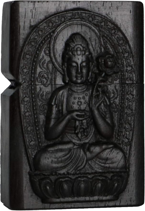 Natural Ebony Black Wood Carved Lighter Shell Box For Zippo Module (Protector Deity/Mahasa Boddhisattva)