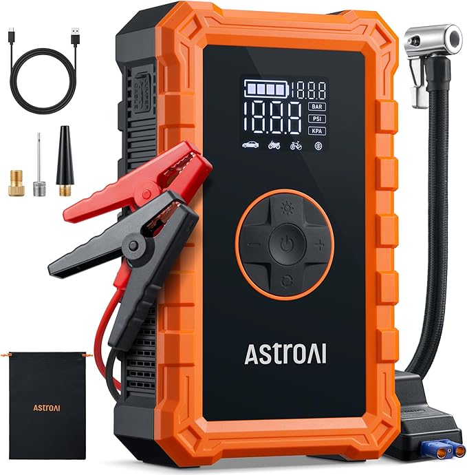 AstroAI S8 Air Jump Starter with Air Compressor, 3000A Peak Car Battery Jump Starter Portable (9.0 Gas/6.5L Diesel) with 150PSI Cordless Auto-Shutoff Tire Inflator, 12V Battery Charger Booster(Orange)
