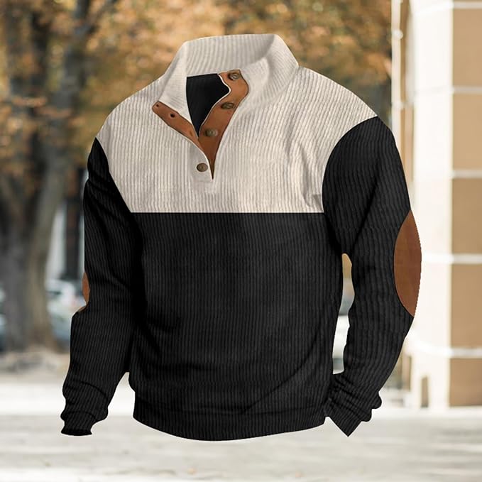 Men's Quarter Button Quilted Sweatshirt Classic Long Sleeve Elbow Patches Stand Collar Color Block Sweatshirts