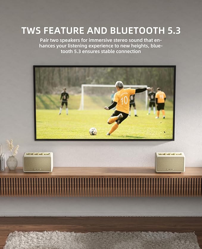 MLOVE A200 Portable Retro Bluetooth Speaker with Aux Input, USB Port, Micro SD Card Slot - Decorative Wireless Bookshelf Speakers for Home & Office, Battery Powered, White and Gold