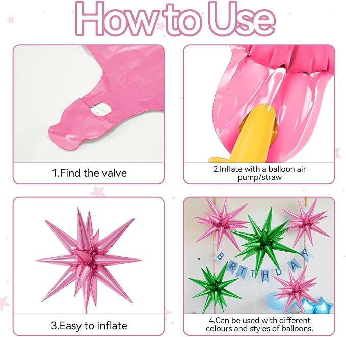 6PCS Star Balloons, 22Inch Large Green Pink Star Balloon Explosion Foil Balloons Cone Spike Balloon for Birthday Graduation Wedding Anniversary Party Backdrops Decorations