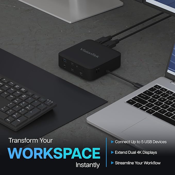 VisionTek VT1200DL Universal Dual 4K DisplayLink Docking Station – 2X HDMI, 2X DisplayPort, 100W Power Passthrough, USB-A, USB-C, Audio, Ethernet – Compatible with Windows, macOS, ChromeOS