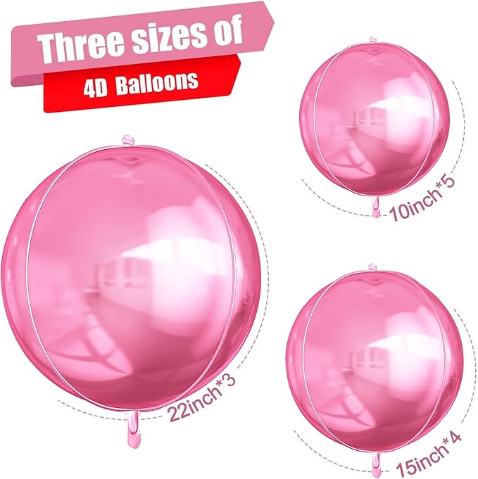12Pcs Pink Round Foil Balloons, 22" 15" 10" 4D Helium Ball Balloon, Metallic Pink Foil Balloon for Birthday Valentine's Day Graduation Wedding Anniversary Disco Prom Party Decorations