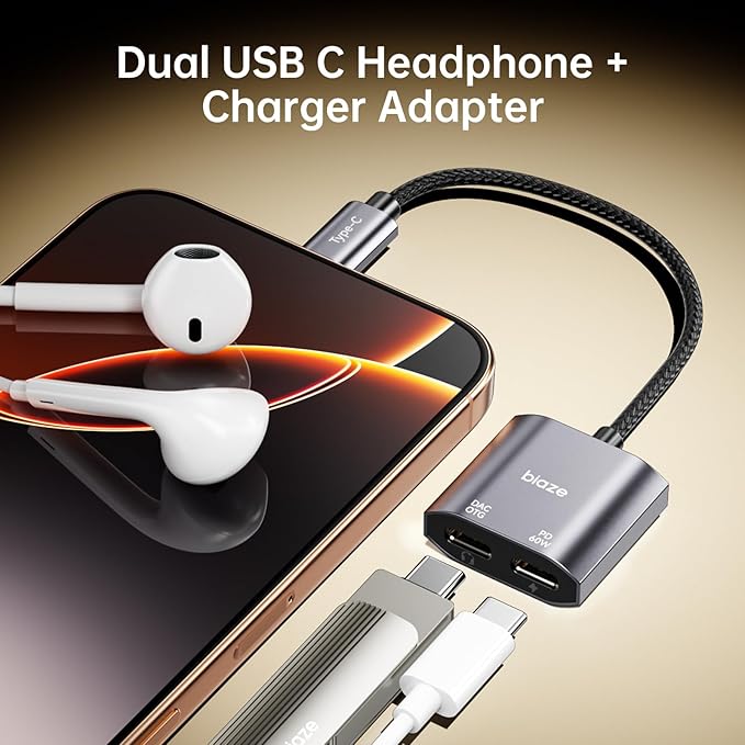 USB C to Dual USBC Headphone and Charger Adapter, USB C Splitter 1 in 2 Out Male to Female Audio Dongle Cable with 60W Fast Charging for iPhone 16/15, Samsung Galaxy S25/S24/S23
