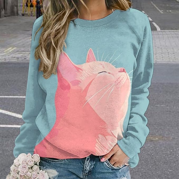 Long Sleeve Shirt Women Fall Cat Print Funny Hide Belly Vacation Plus Size Ladies Hippie Dressy Sweaters