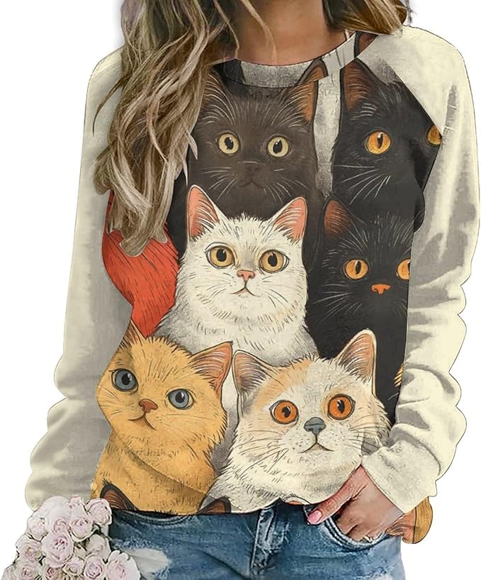 Long Sleeve Shirt Women Fall Cat Print Funny Hide Belly Vacation Plus Size Ladies Hippie Dressy Sweaters