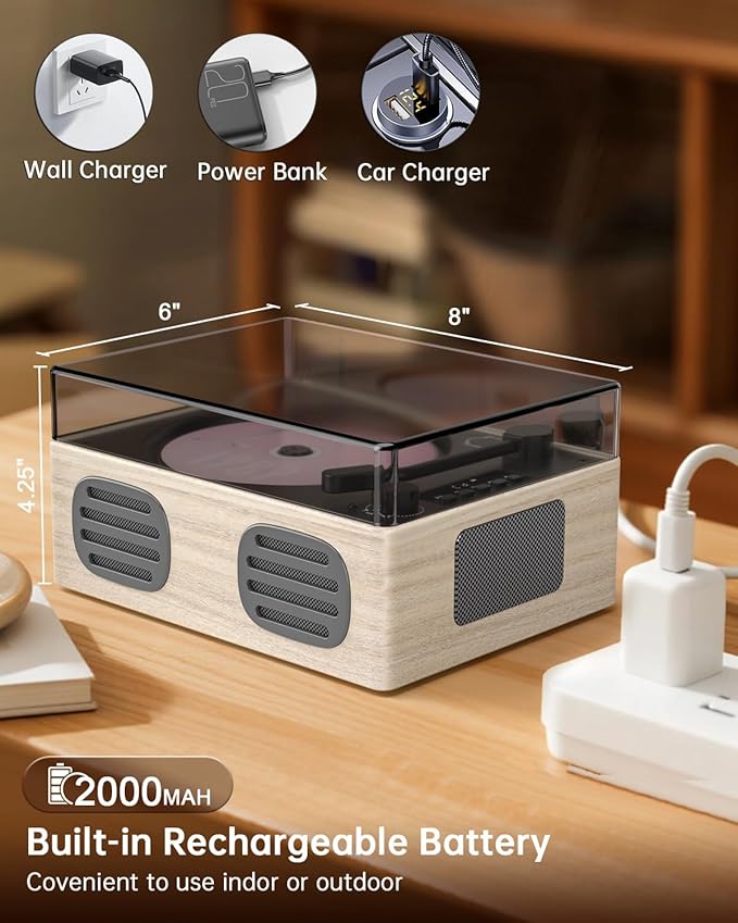 Portable Retro CD Player with Bluetooth Transmitter and Dual HiFi Speakers, LED Screen, Desktop Vintage Nostalgic Rechargeable CD Music Player for Home, Grey Wooden