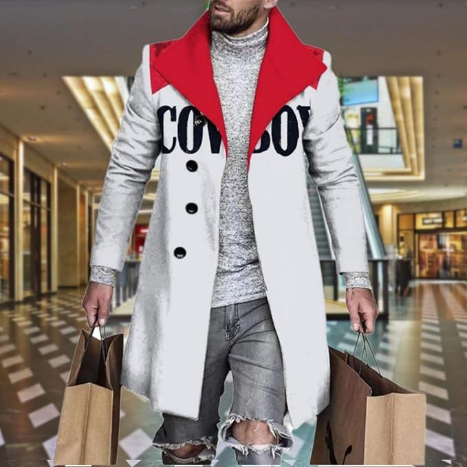Men's Plaid Long Trench Coat Mid - Length Lapel Collar Button Down Warm Overcoat for Winter & Autumn Fashion