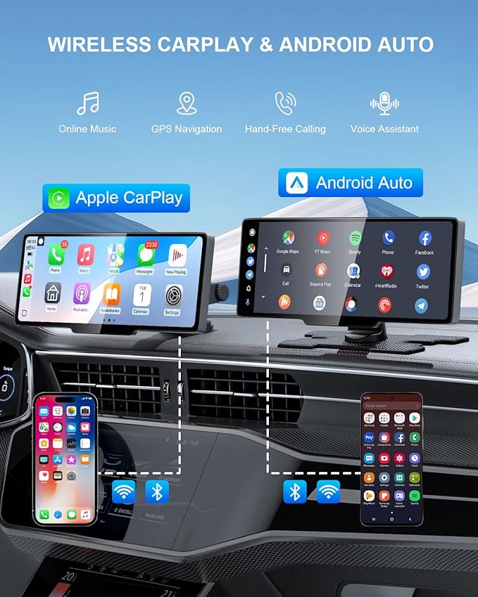 HK3 Carplay Screen for Car, 10.26’’ Wireless Apple Car Play & Android Auto Touch Screen, 4K Dash Cam, 1080P Backup Camera, Car Stereo, GPS Navigation/Mirror Link/Bluetooth/Voice Control, Plug and Play